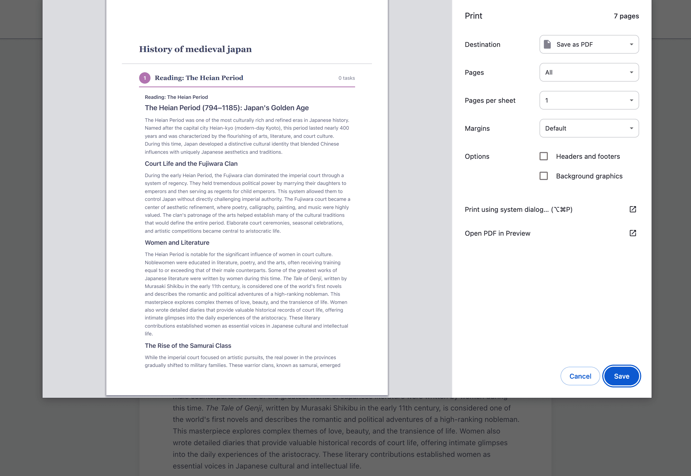PDF export preview