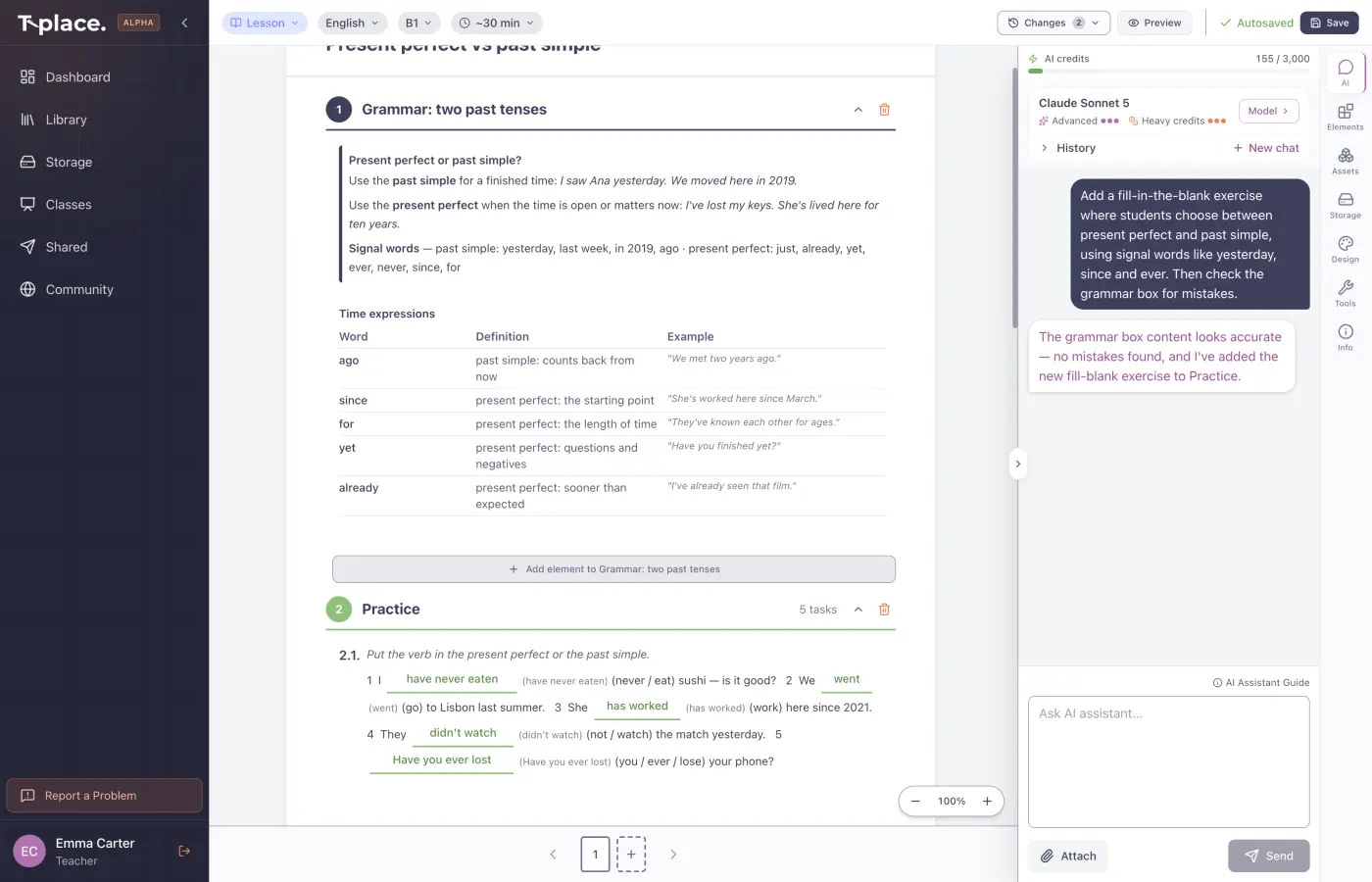 The AI assistant panel in the T-place editor: the teacher asks for a present perfect vs past simple exercise and a grammar check, with the grammar lesson visible on the page