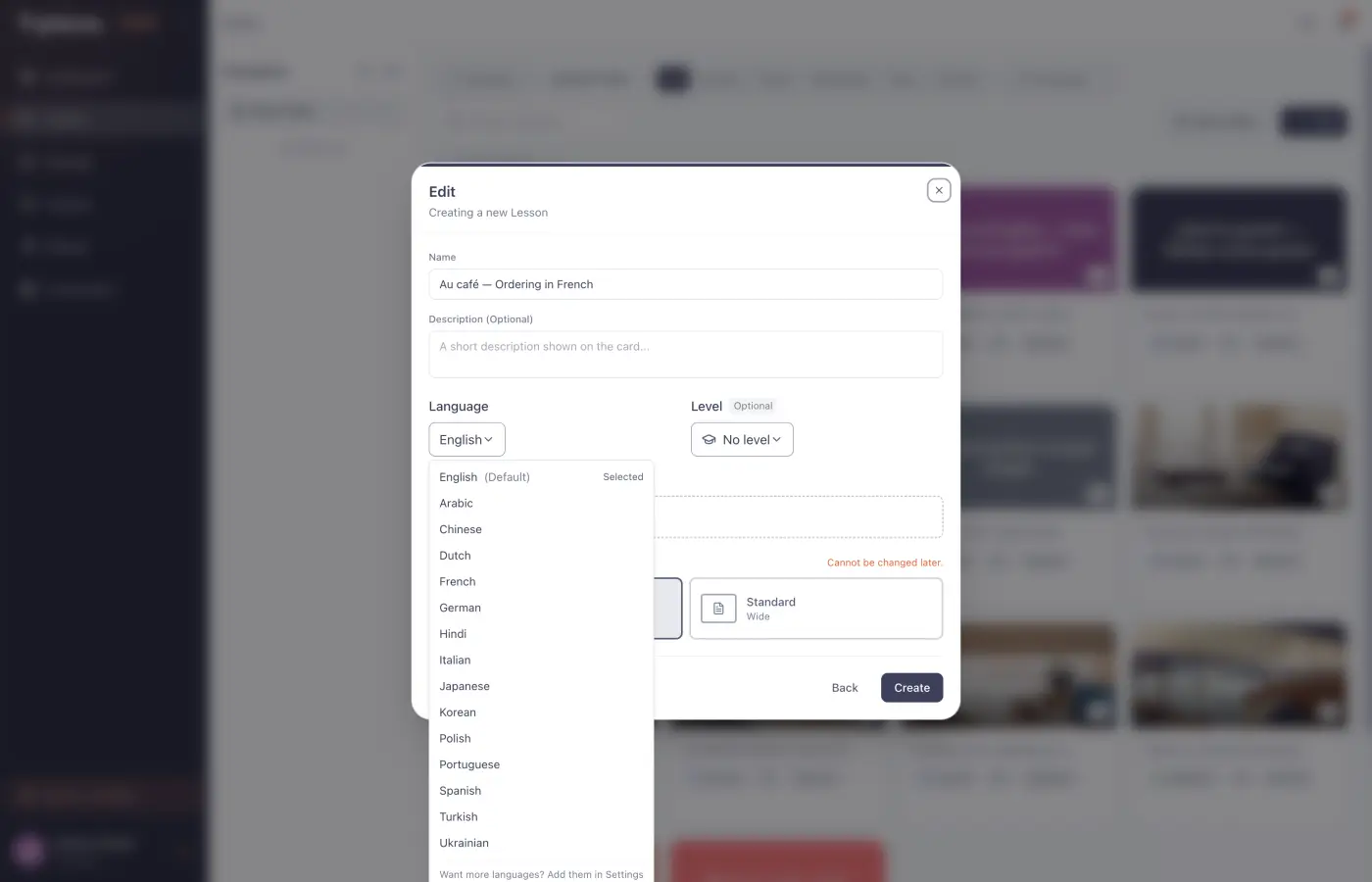 The new-lesson window in T-place with the language list open, showing all fifteen languages