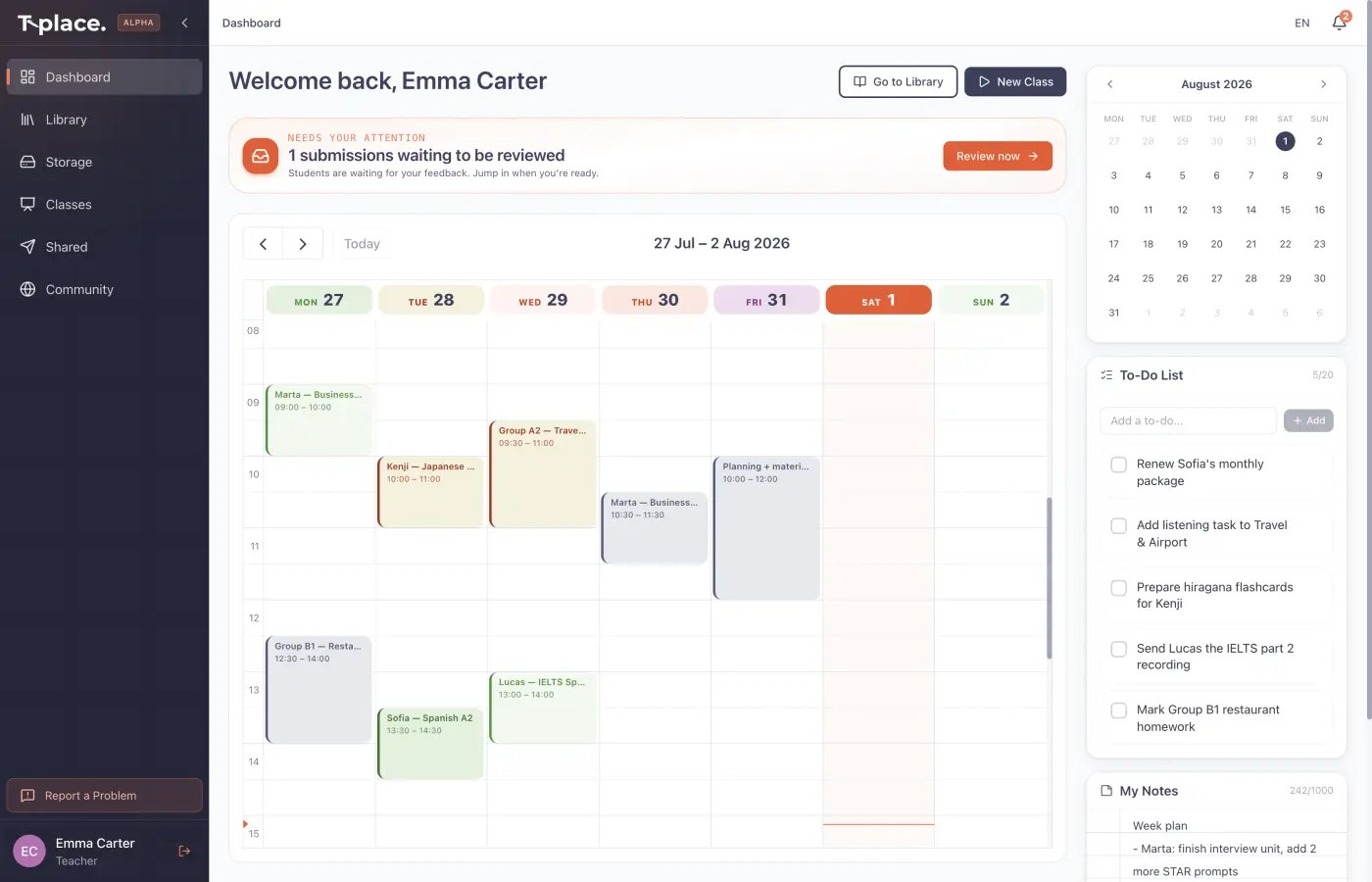 The T-place dashboard showing a week of scheduled lessons, a to-do list and a notes panel