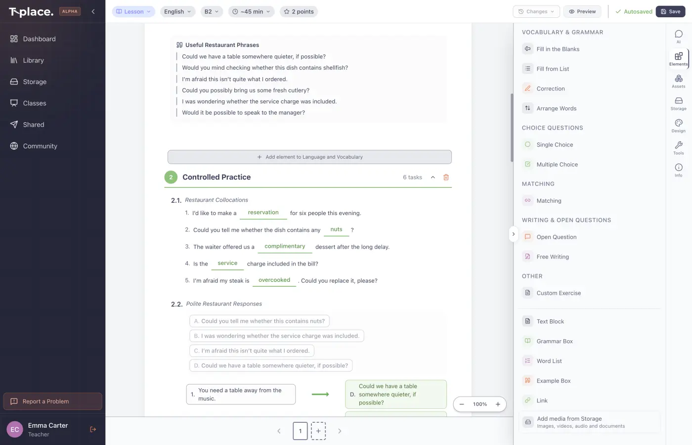 The T-place lesson editor showing a B2 restaurant lesson with gap-fill and matching exercises, and the element panel open listing all task types