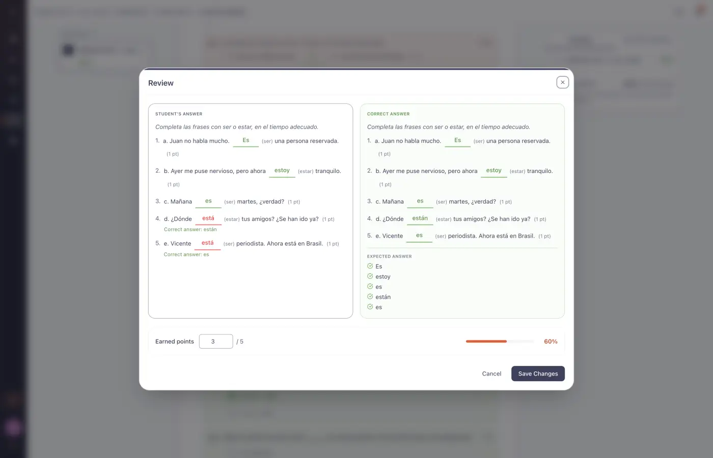 The T-place review window comparing a student's answers with the correct ones - three marked green, two marked red with the correction shown, and an editable score