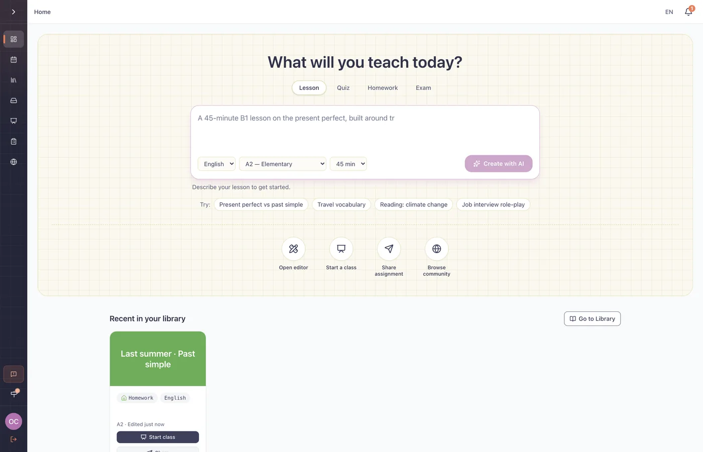 The T-place home screen: describe a lesson for the AI, quick actions and your recent lessons