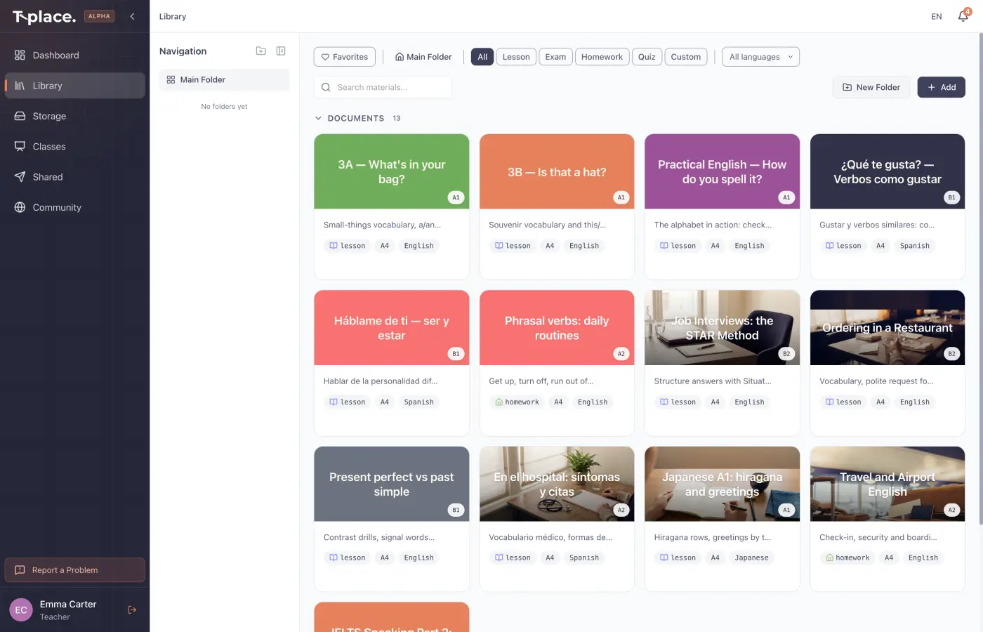 The T-place library showing lessons with cover images, custom colors, levels and languages