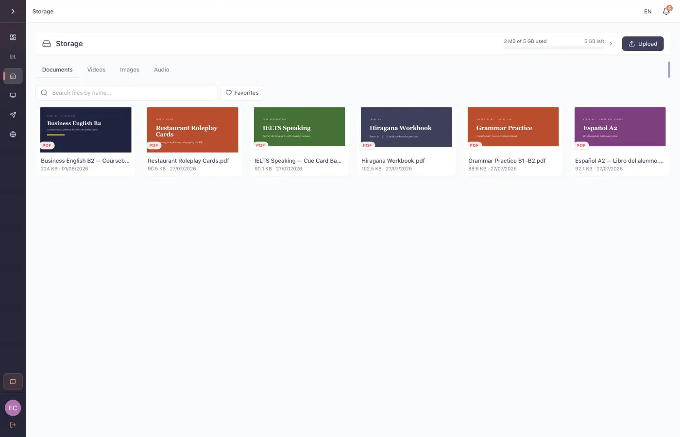 The T-place storage page showing uploaded coursebook and worksheet PDFs with page previews