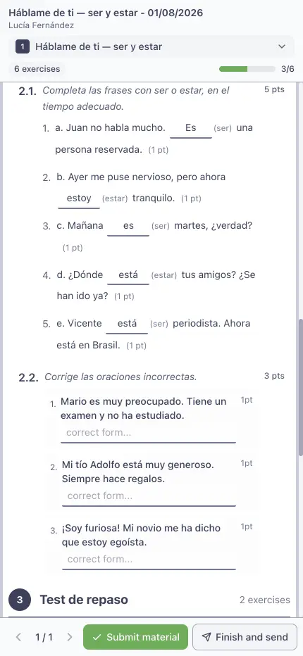 A student completing ser and estar gap-fill exercises on a phone, with a progress bar and typed answers